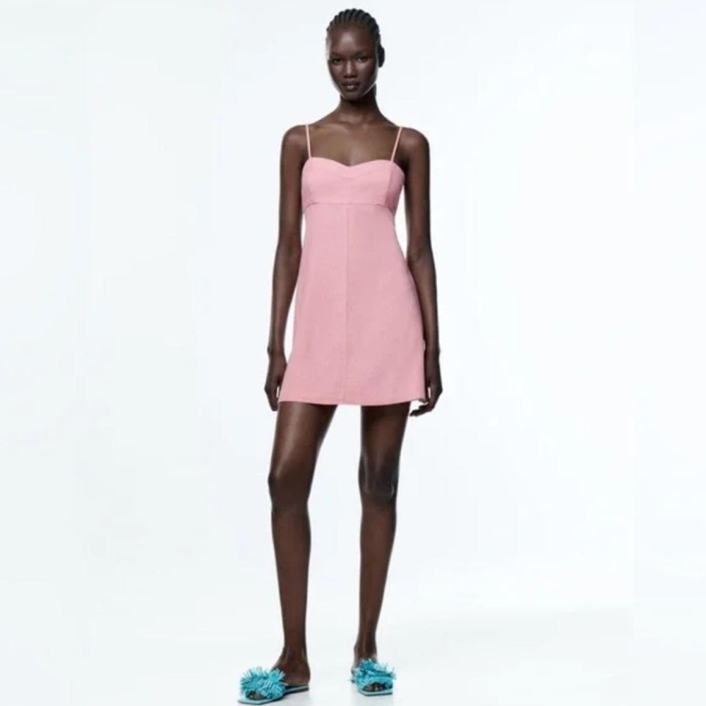 Zara Pink Linen Spaghetti-Strap Mini Dress Small